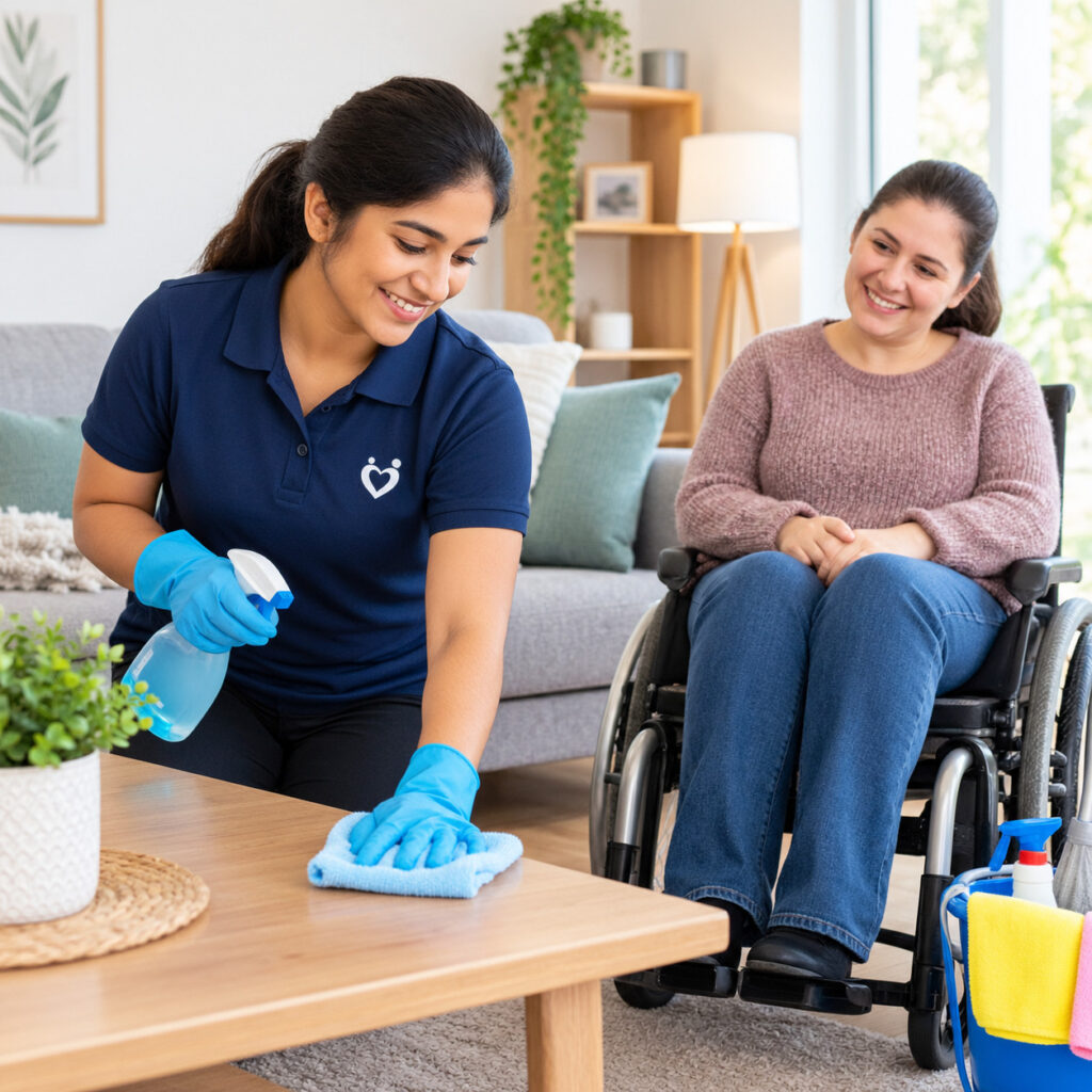 Support worker cleaning a table while a woman in a wheelchair watches and smiles