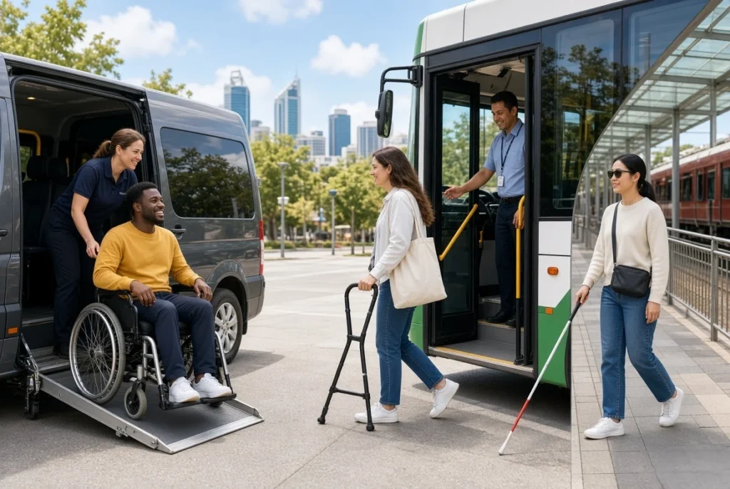 Support worker helping a man in a wheelchair onto an accessible bus ramp in the city