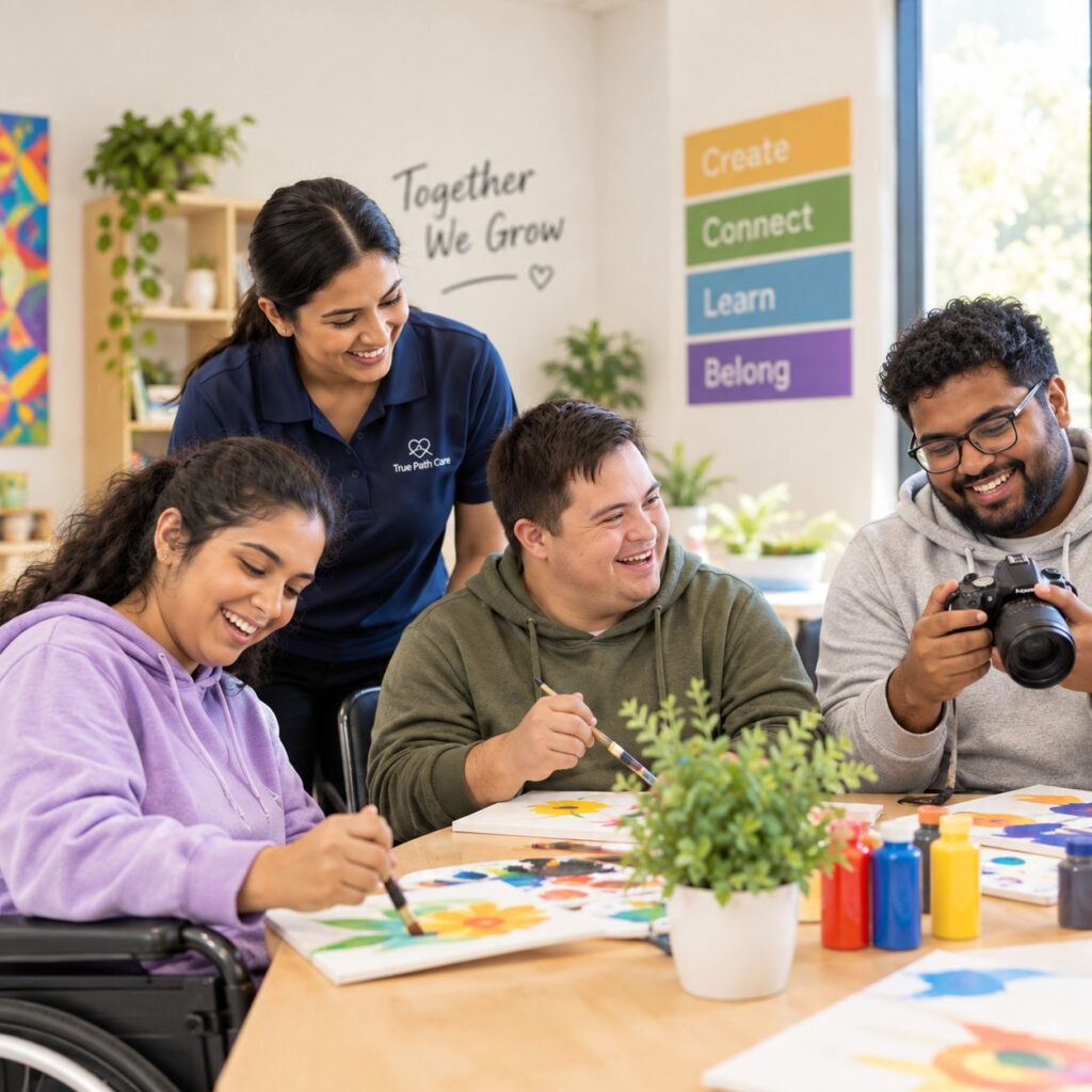 Group of participants painting and taking photos together at an art table with a support worker