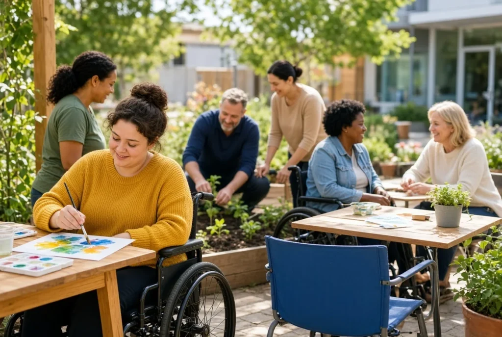 People of different ages and abilities gardening and doing crafts together in a community garden