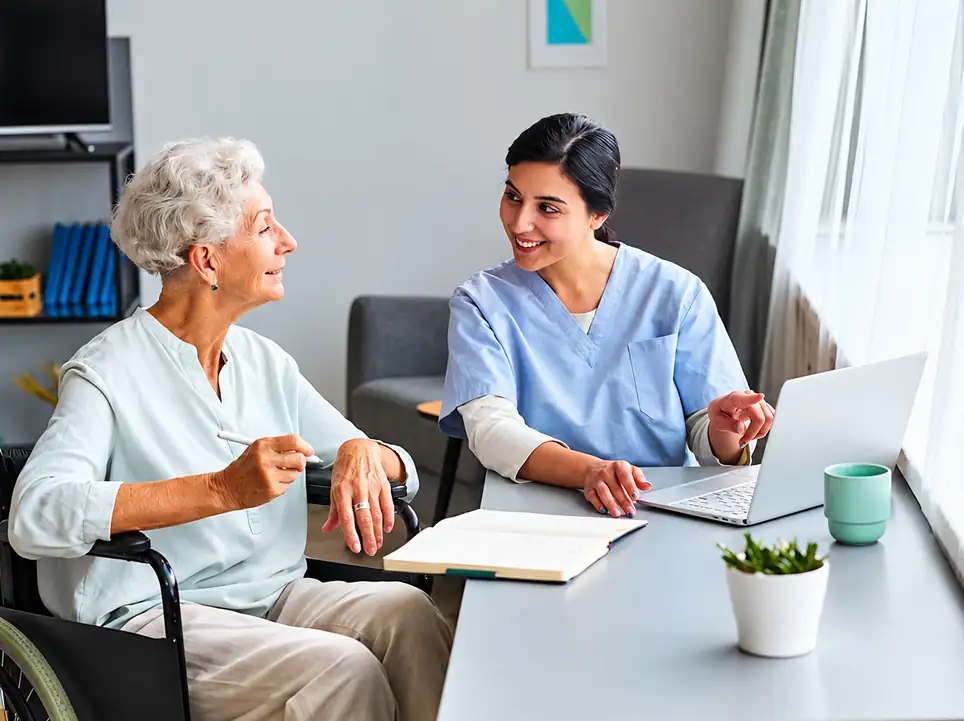 Support worker in scrubs helping an older woman in a wheelchair plan her care at a table