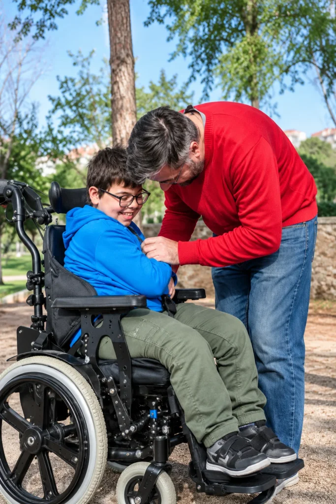Support worker kneeling to help a boy in a wheelchair outdoors