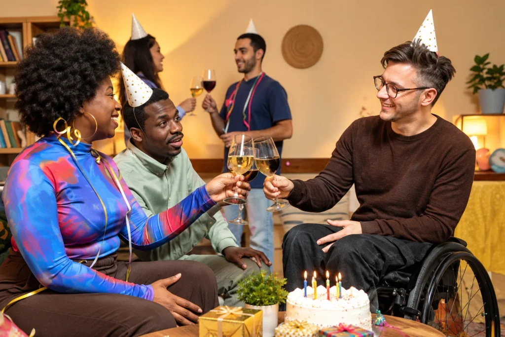 Friends, including a man in a wheelchair, celebrating a birthday with a toast in a living room
