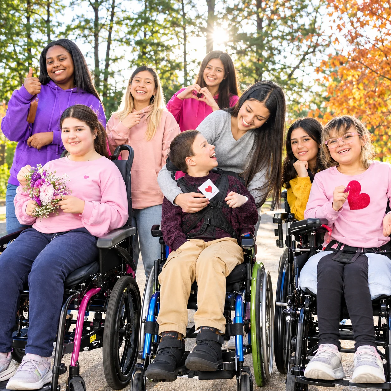 Smiling group of young women, some using wheelchairs, together in an autumn park