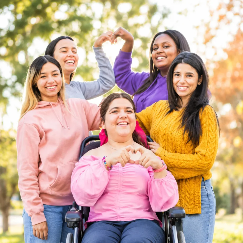 Group of smiling friends gathered around a young woman in a wheelchair in autumn sunlight