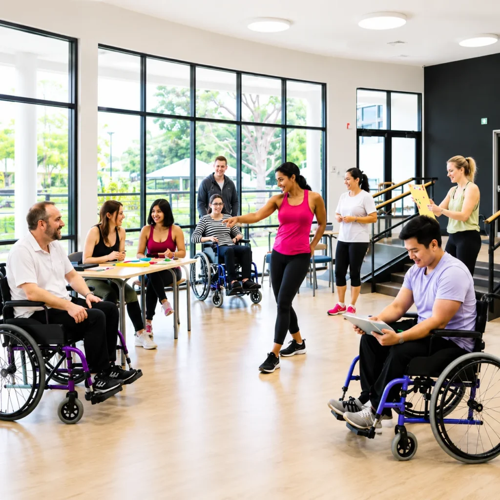 Group of people, some in wheelchairs, taking part in an inclusive activity session in a bright hall