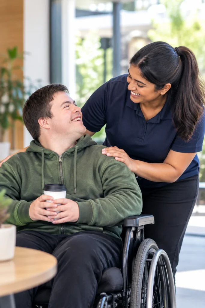 Support worker with her hand on the shoulder of a smiling man in a wheelchair
